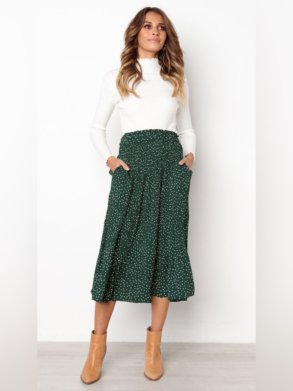 NWT Exlura polka Dot print pleated Midi Skirt emerald green white XL